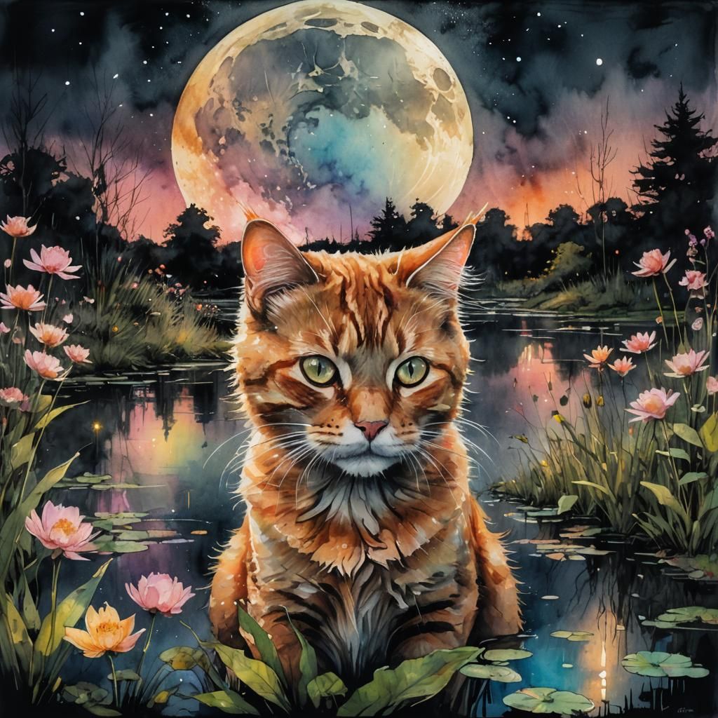 Ginger Cat Double Exposure in Watercolor Landscape