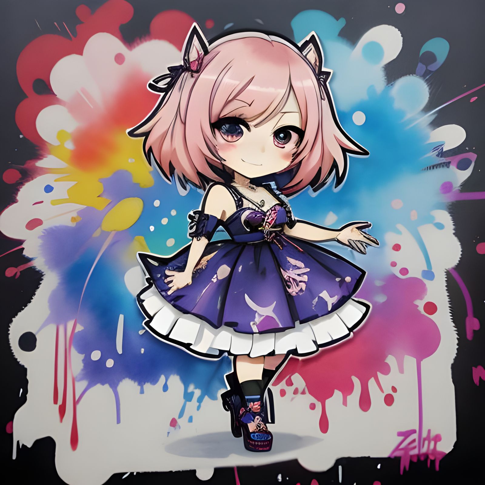 Chibi Girl in Graffiti Watercolor Style