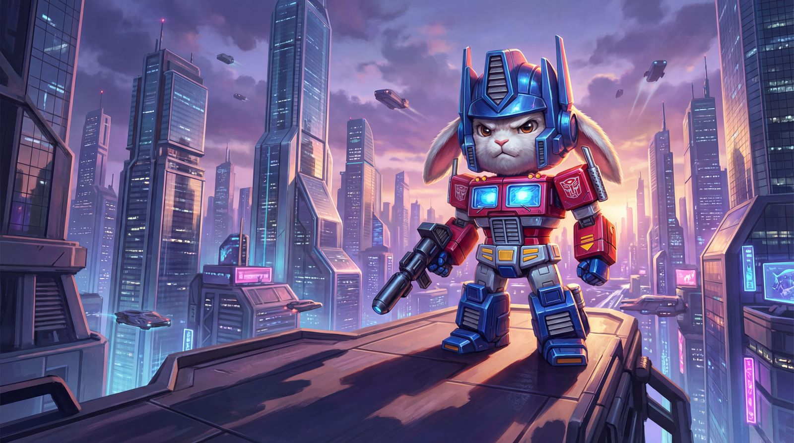 Adorable Bunny Optimus Prime in Futuristic Cityscape