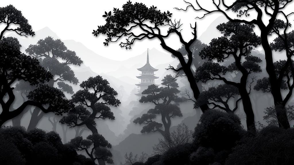 Surreal Black and White Papercut Scene with Temple in Distan...