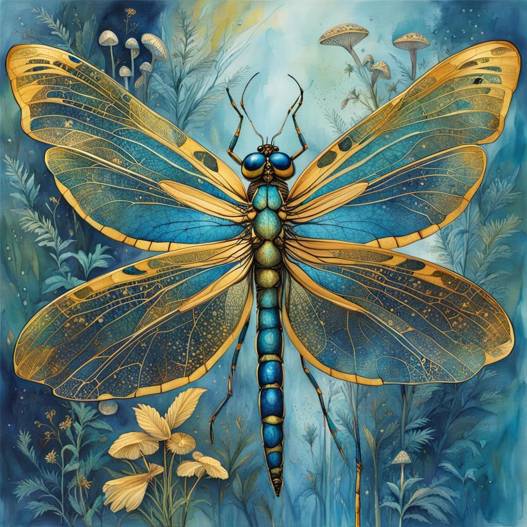 Gold and Blue Dragonfly in Botanical Art Style