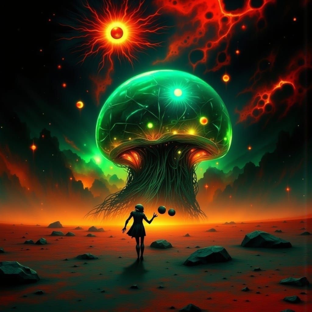 Surreal Desert Dreamscape with Alien Velociraptor in Waterco...