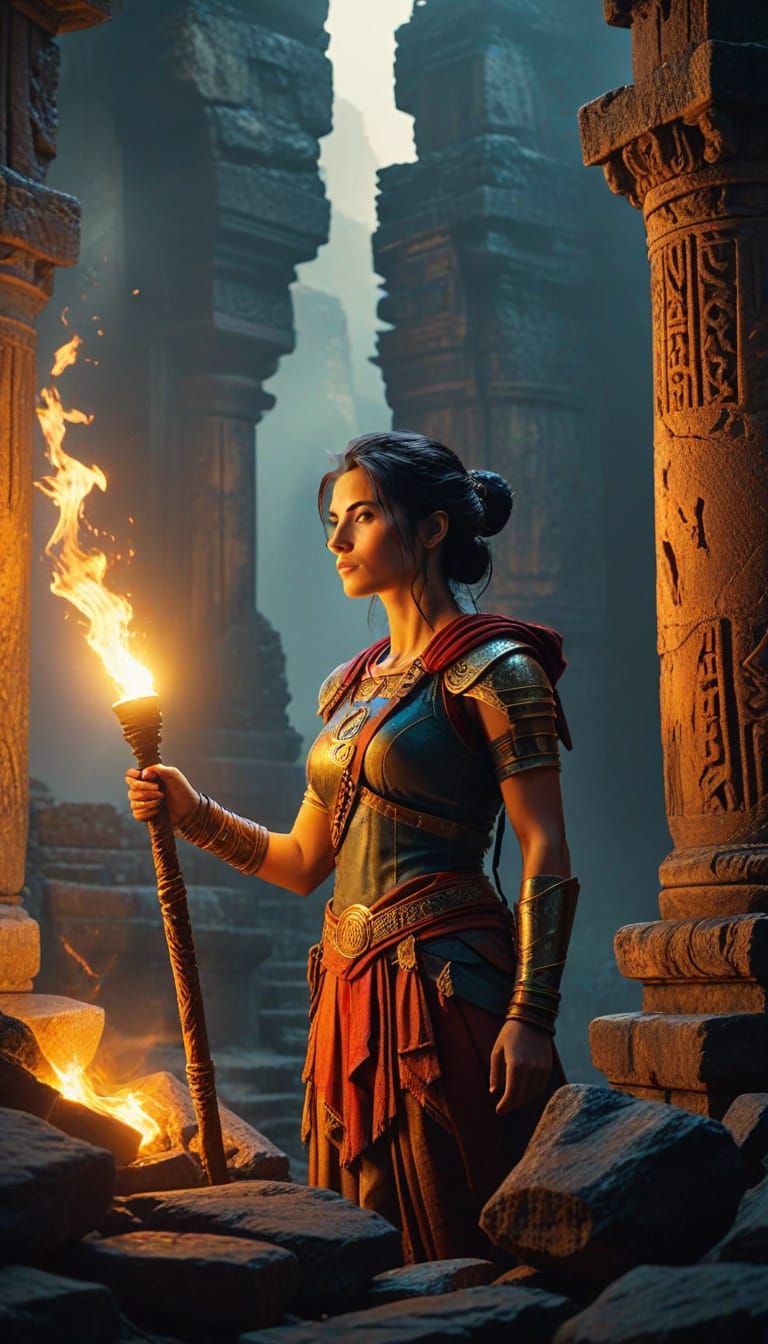 Adventurer at Stone Temple in Golden Light