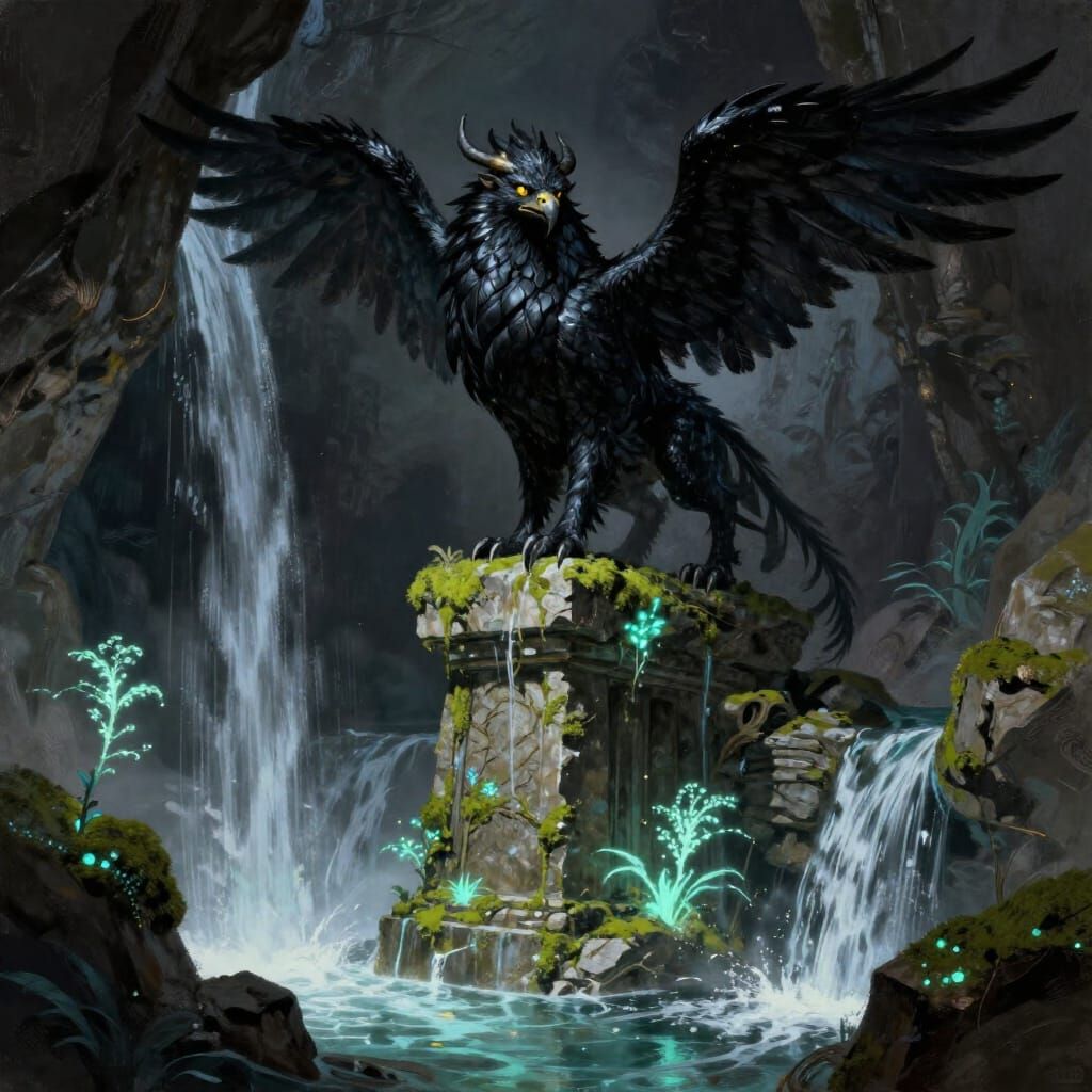Majestic Griffin on Ancient Monument in Bioluminescent Caver...