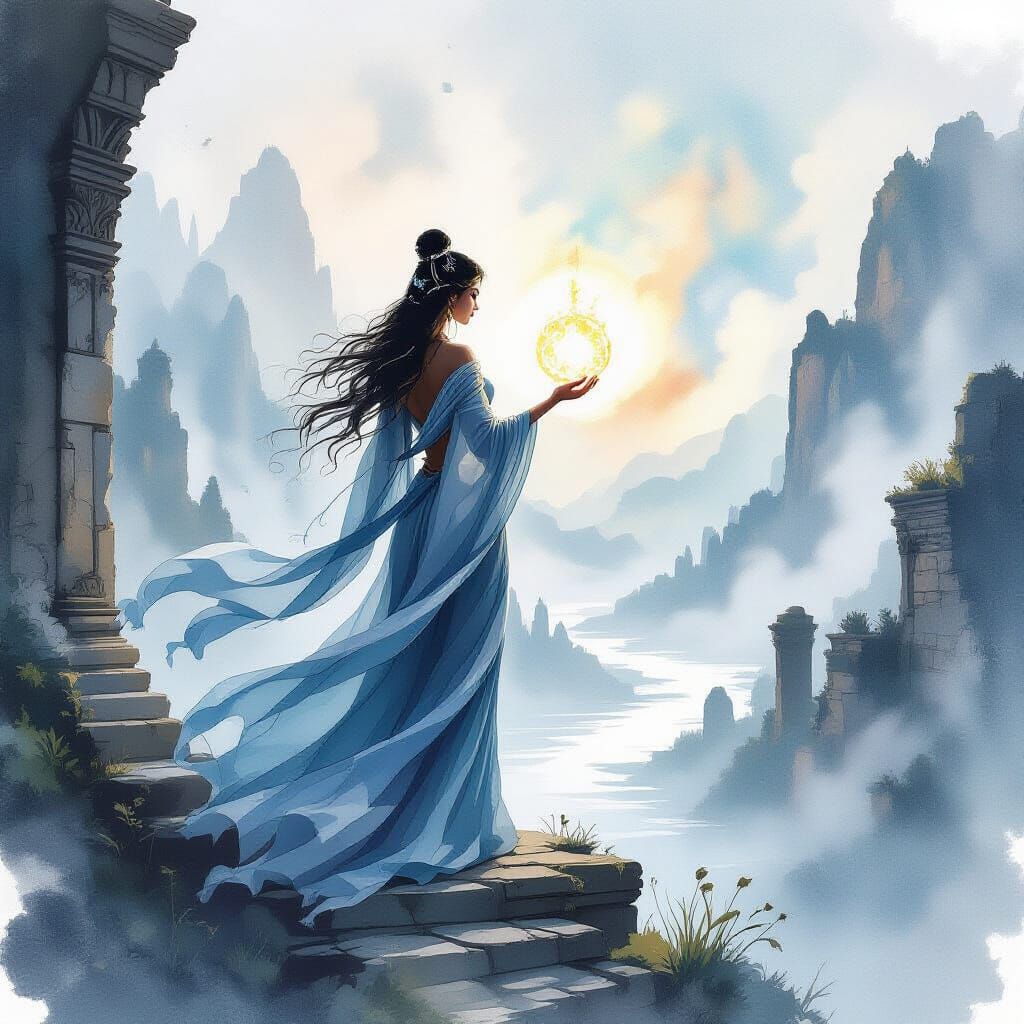Goddess on Ruins with Glowing Orb in Watercolor Style