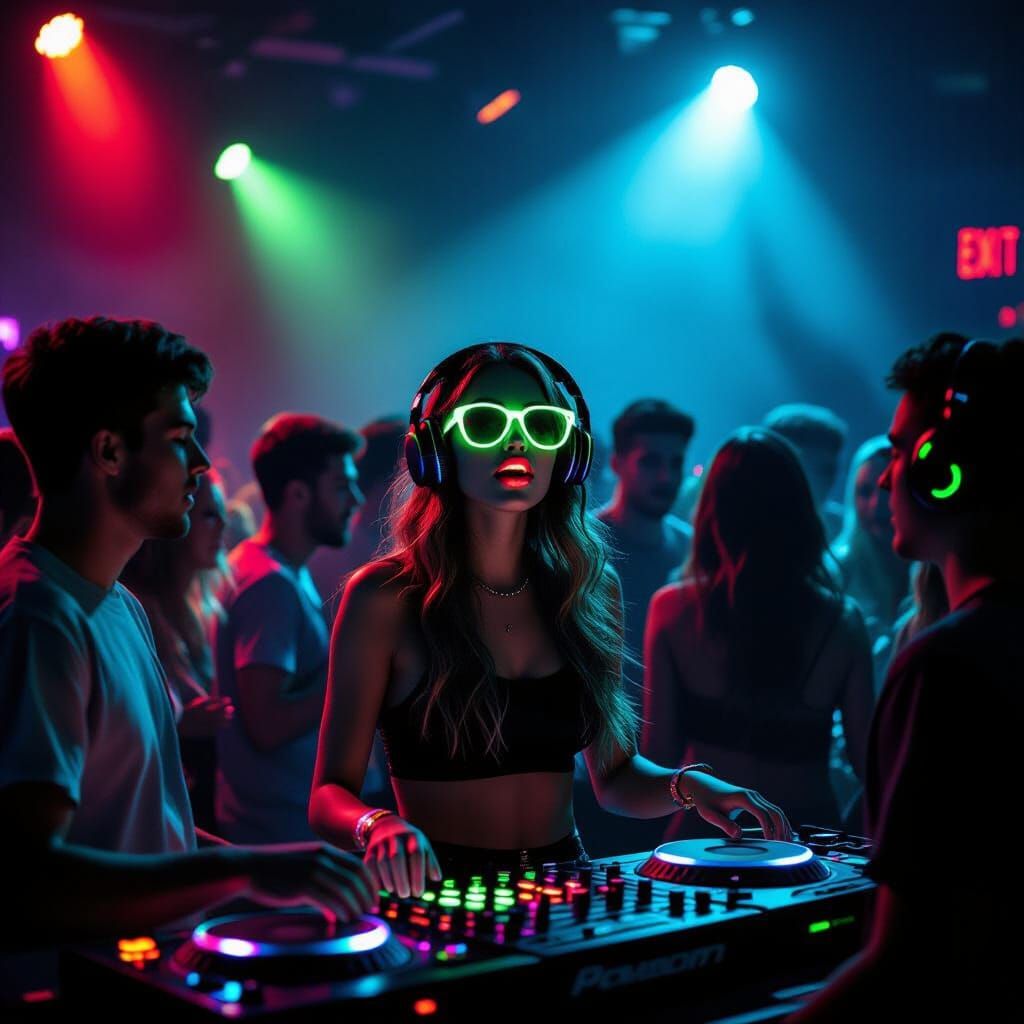 Neon Rave Nightclub with Dancing Crowd