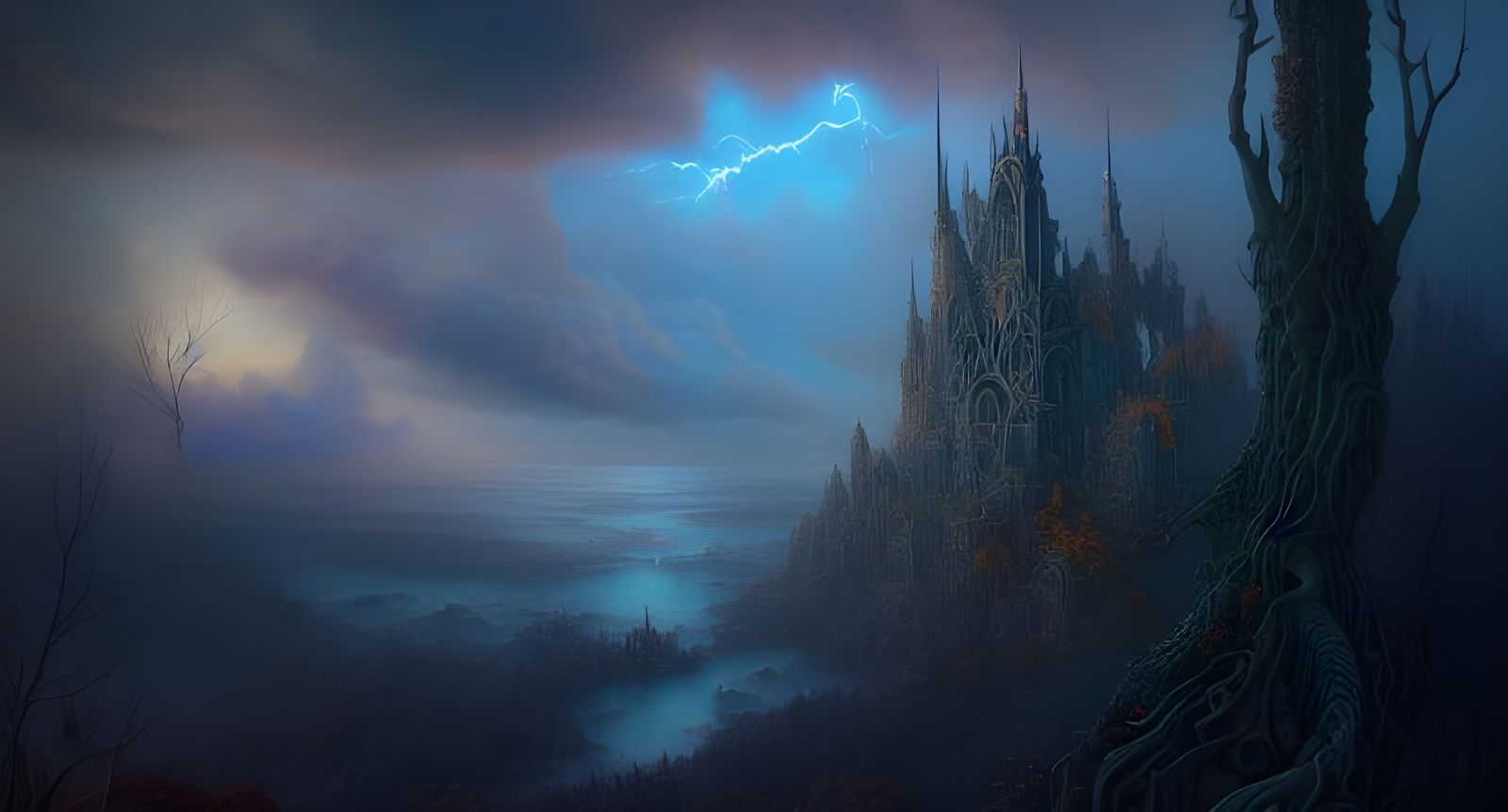 Dramatic Autumn Landscape with Lightning, Digital Art