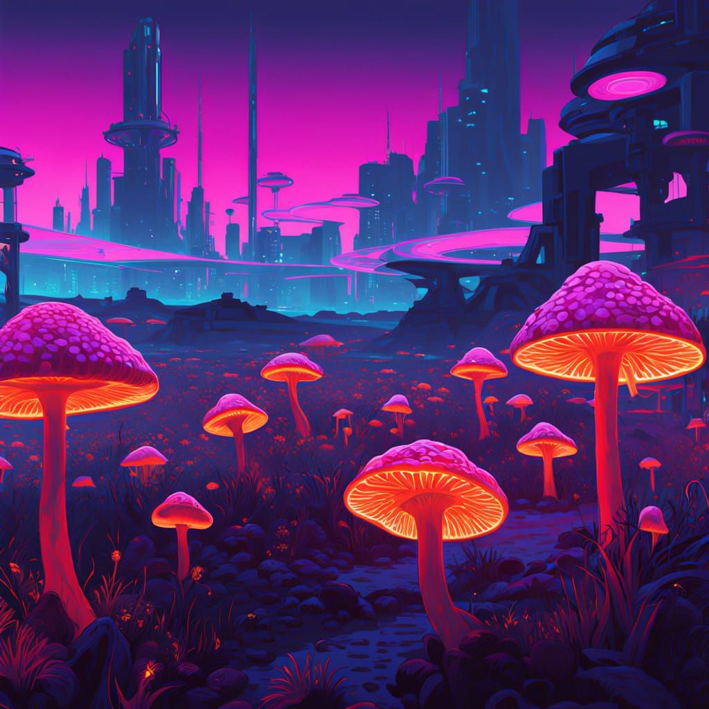 Glowing Psylocybin Mushrooms in a Neon Cyberpunk Landscape