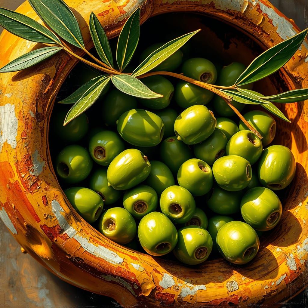 Vibrant Green Olives in Warm, Golden Light