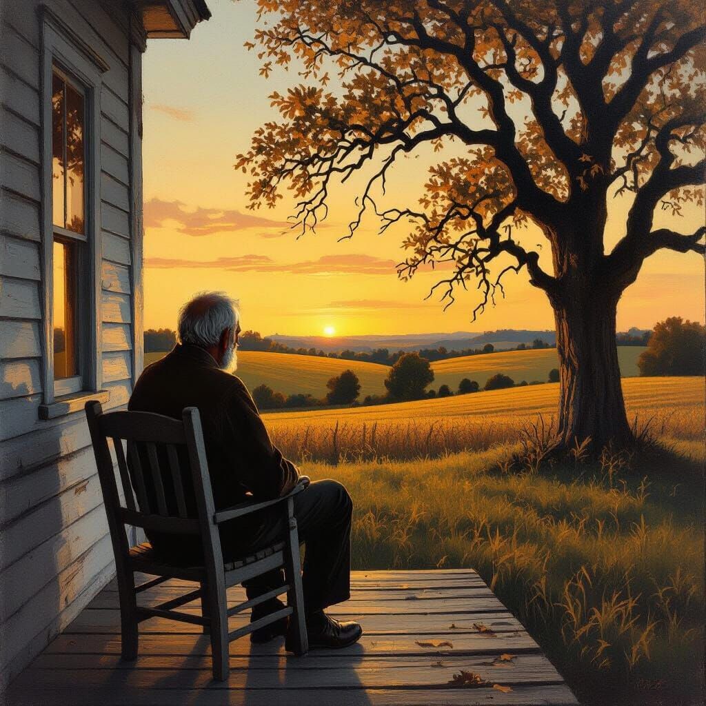 Old Man Gazing at Dusk Rural Landscape Oil Painting