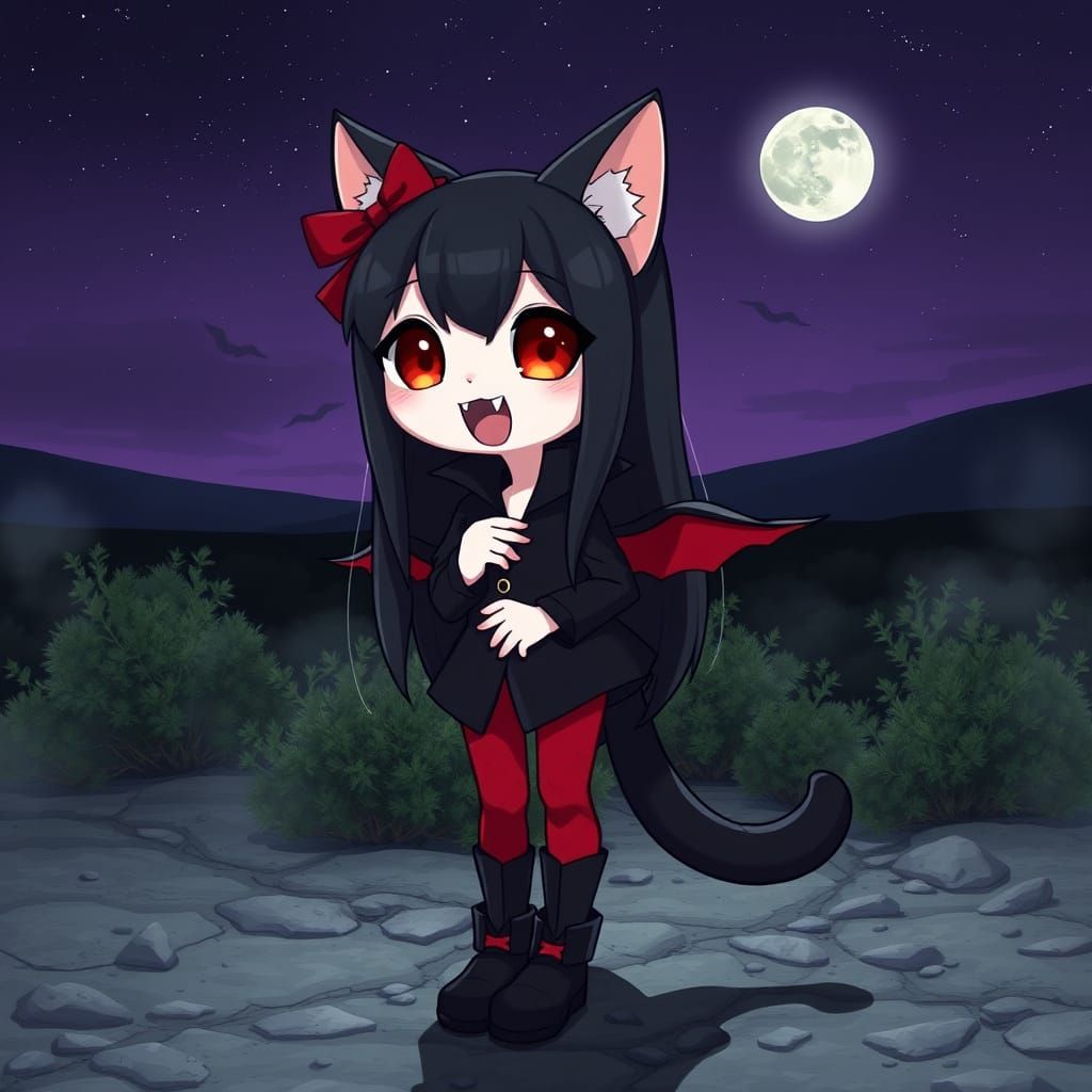 Mysterious Vampire Catgirl Under the Dark Purple Night Sky