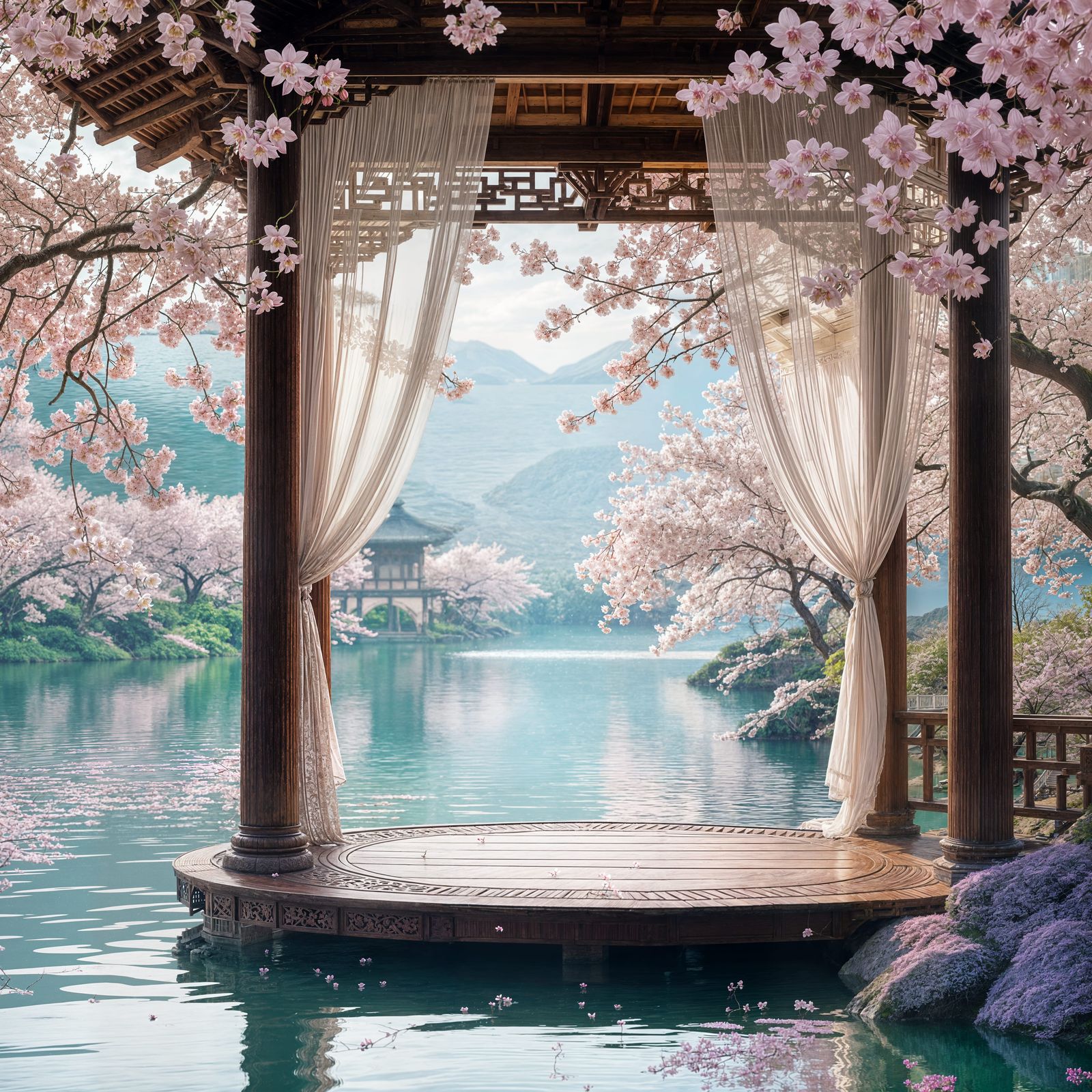 Serene Lake Cherry Blossom Orchid Platform