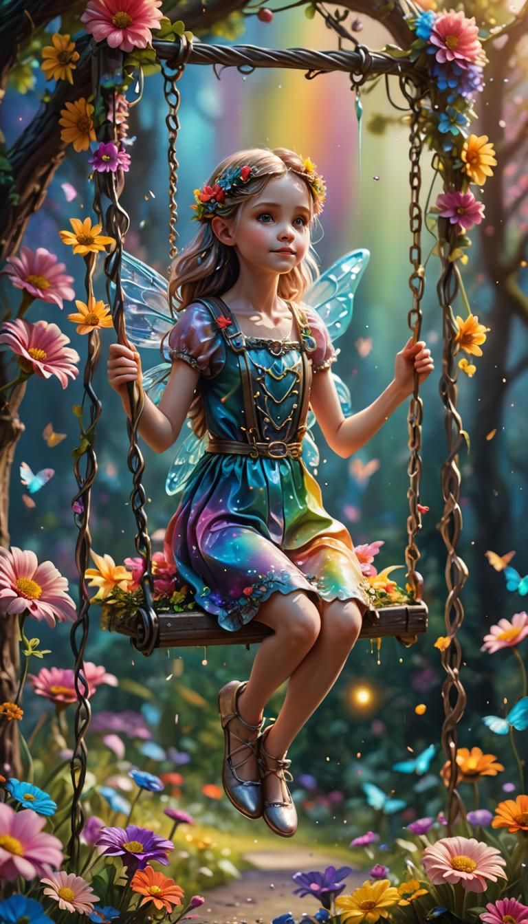 Fairytale Fairy on Flower Swing with Rainbow