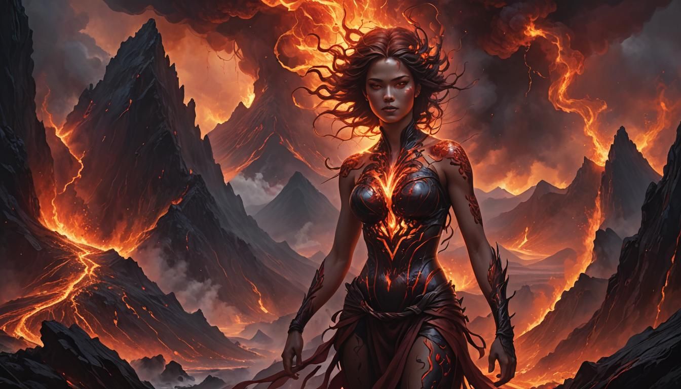 human form rising from the volcano's core in flame, tendrils...