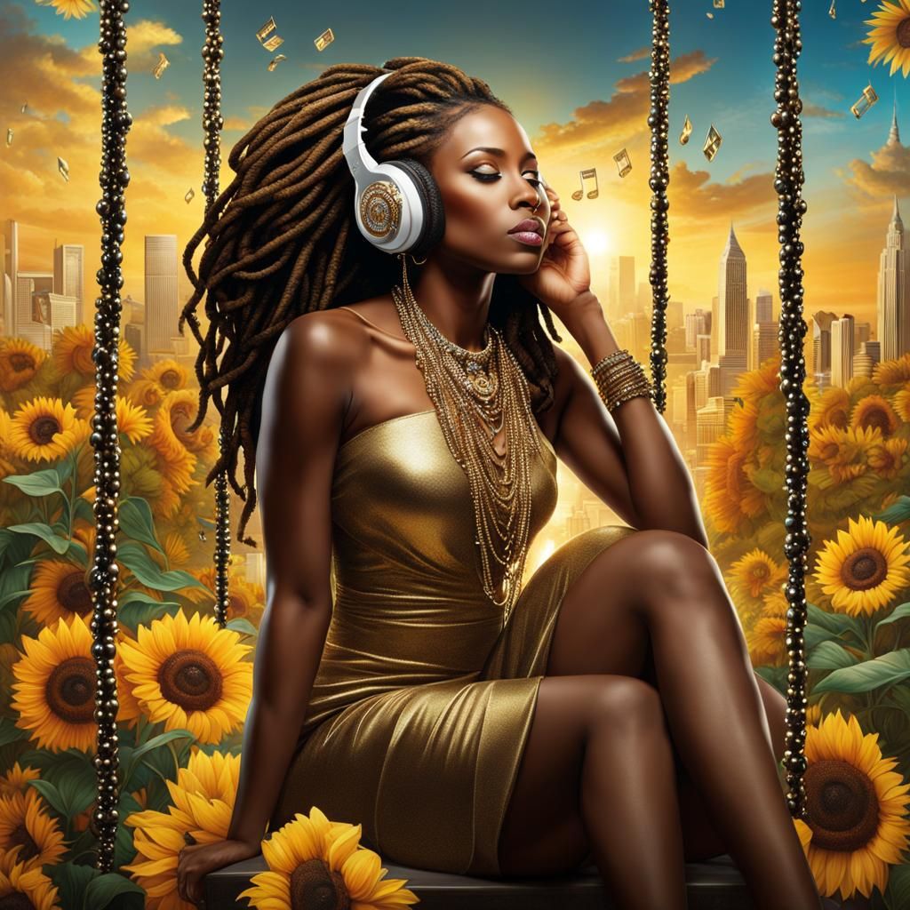 Baroque Woman with Gold Dreads in Diamond Cityscape