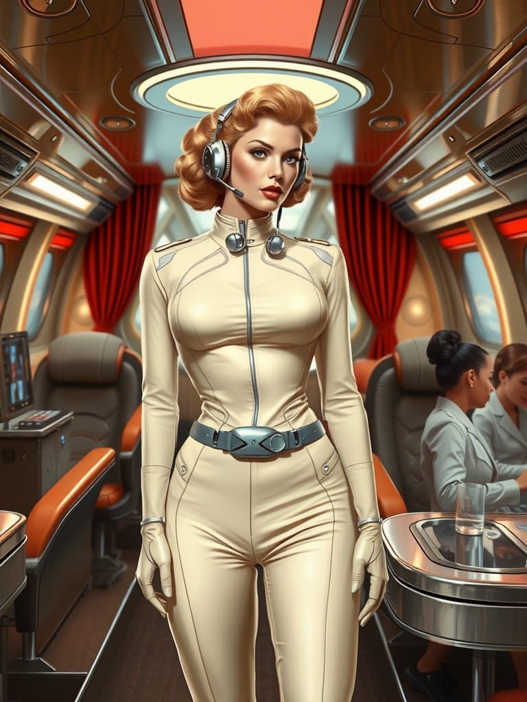 Stewardess on a retro science fiction star yacht