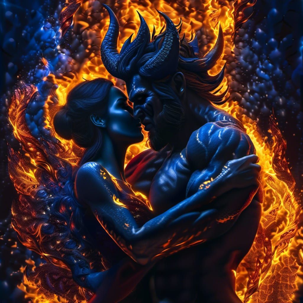 Demon's Passion: Electric Blue and Fire Embrace