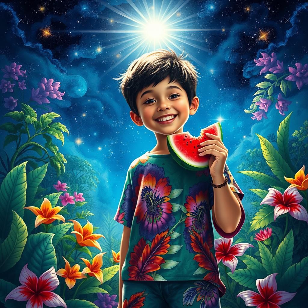 Boy Eating Watermelon in Dreamy Astral Landscape
