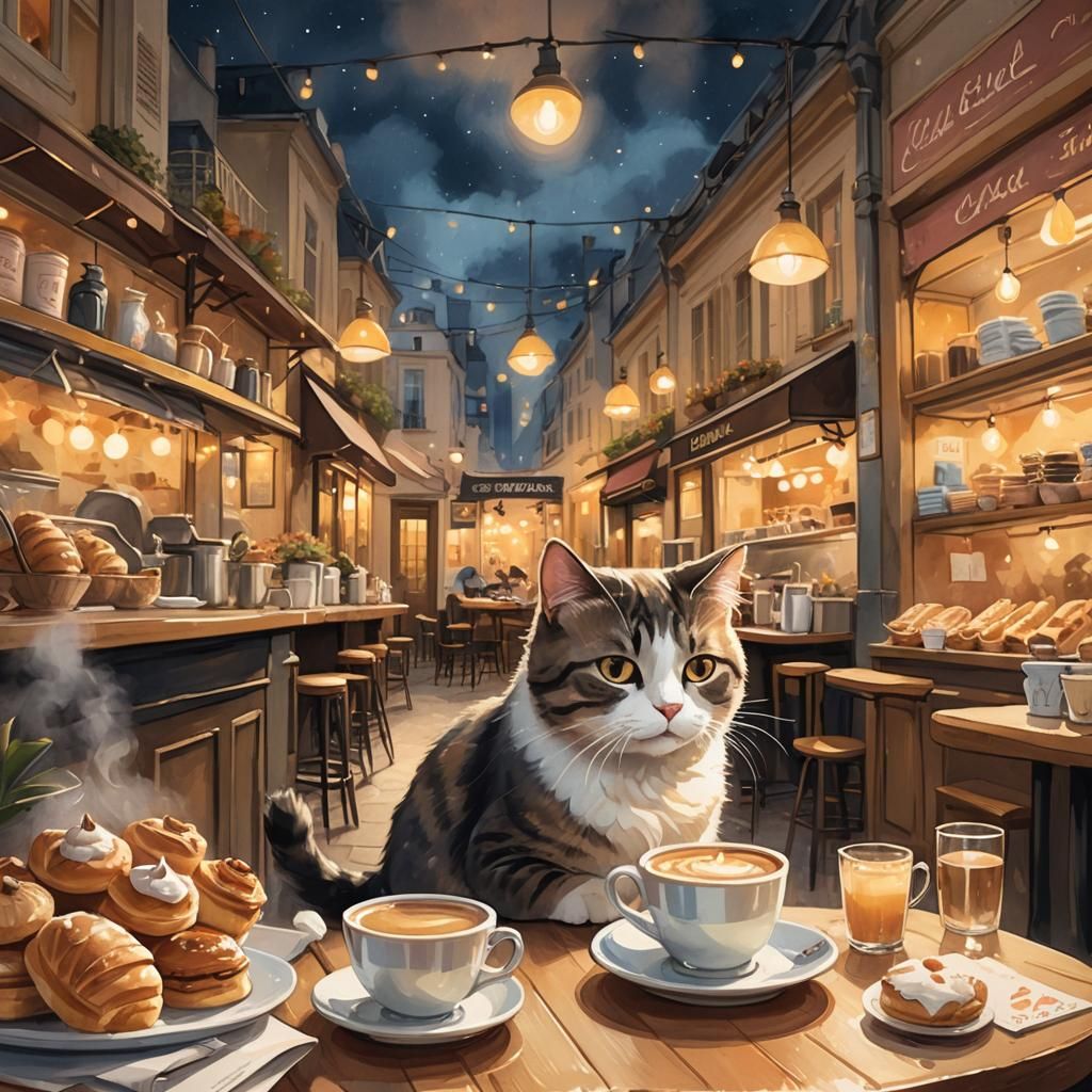 Cartoon Cat in Parisian Cafe: Whimsical Illustration