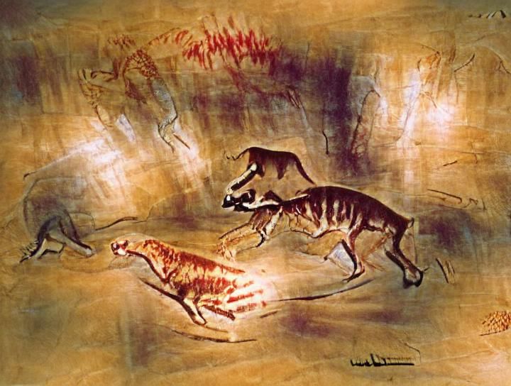 Ancient Cave Painting: Thylacine and Thylacoleo
