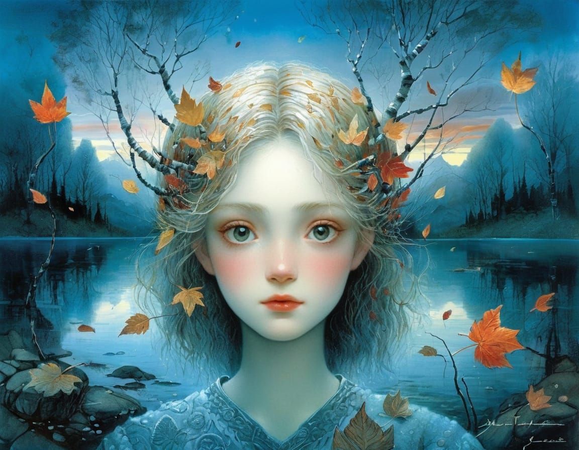 Misty Lake with Detailed Birch Trees and Stone Cabin at Suns...