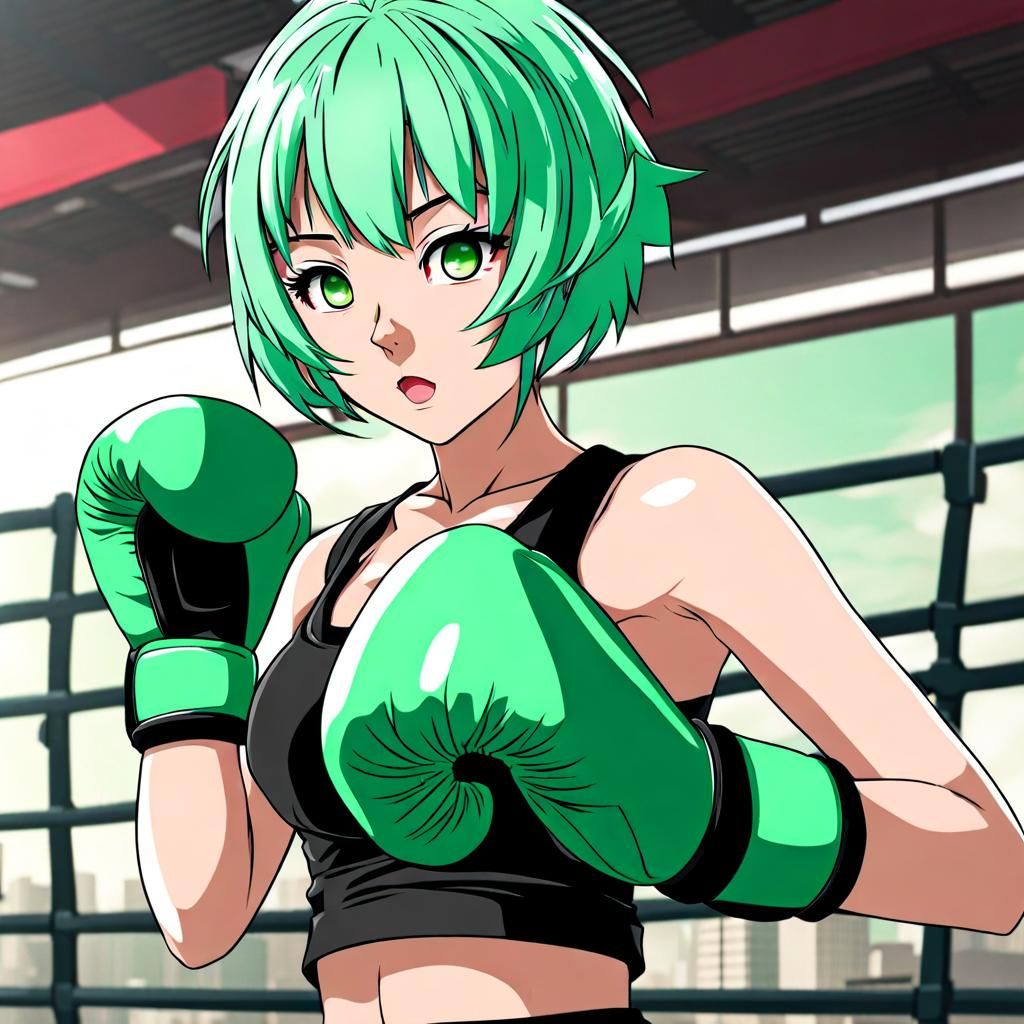 Anime Girl with Mint Hair Kickboxing