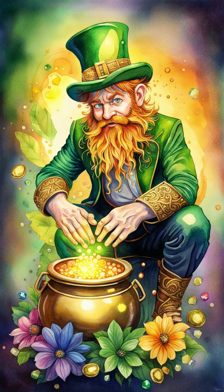 Hyperrealistic Leprechaun with Gold and Flowers