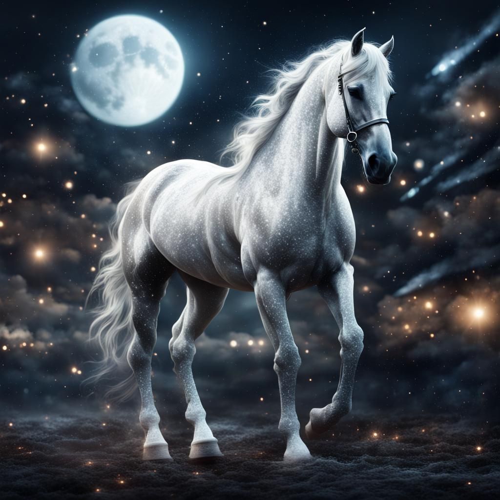 Glittering White Horse in the Night: Digital Painting