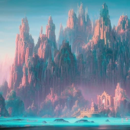 Crystal Donut Throne in Misty Fantasy Landscape