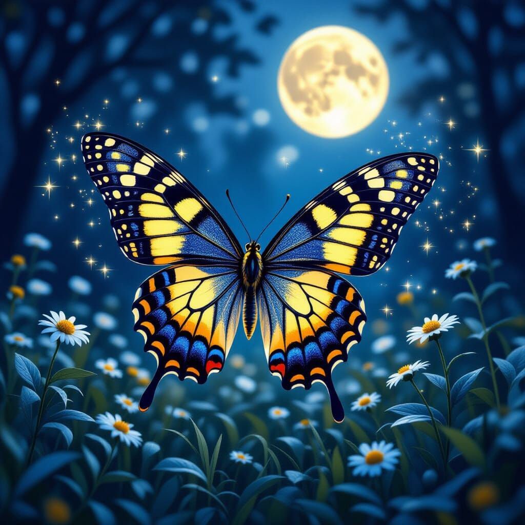 Blue and Yellow Butterfly in Moonlit Forest Clearing