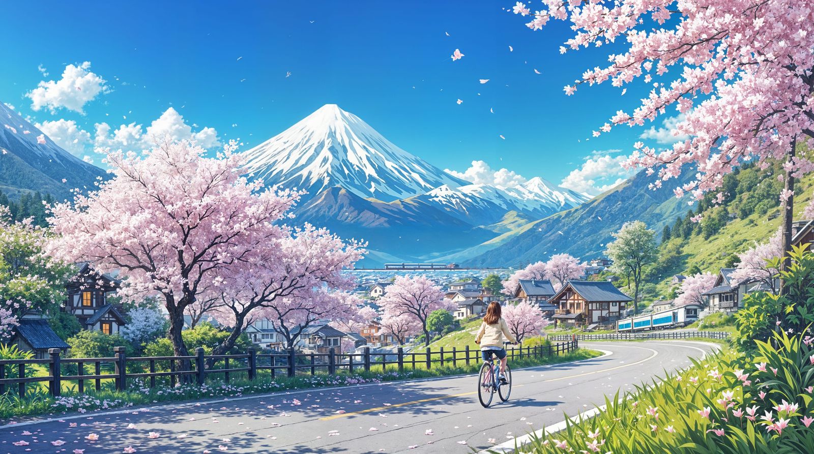 Cherry Blossom Village Cycling Scene in Impressionistic Styl...