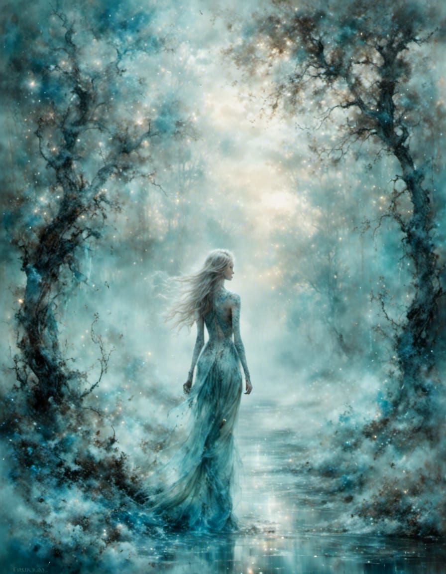 Ethereal Girl Emerges from Nordic Watercolor Landscape