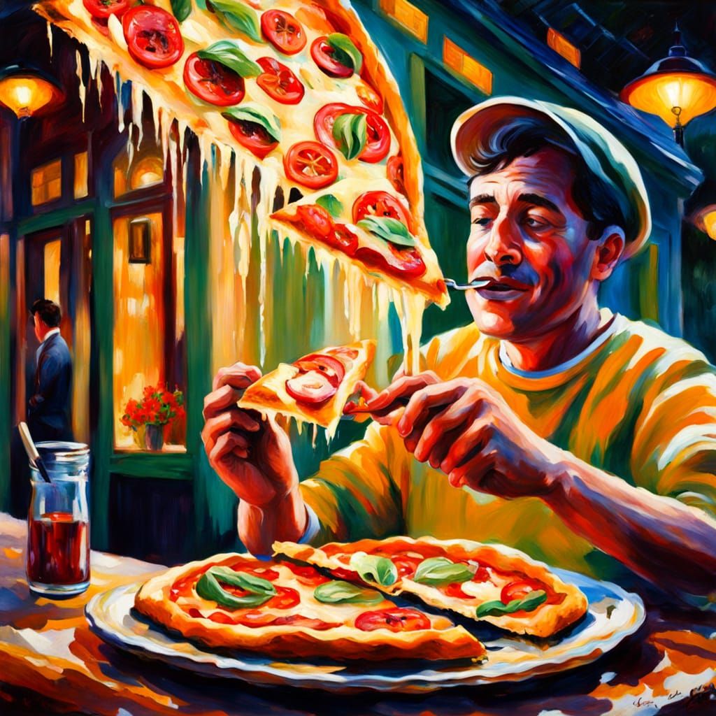 Impressionist Oil Painting of Person Eating Pizza