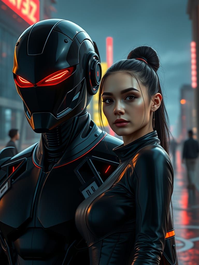 Futuristic Female Robot Companion in Neon City