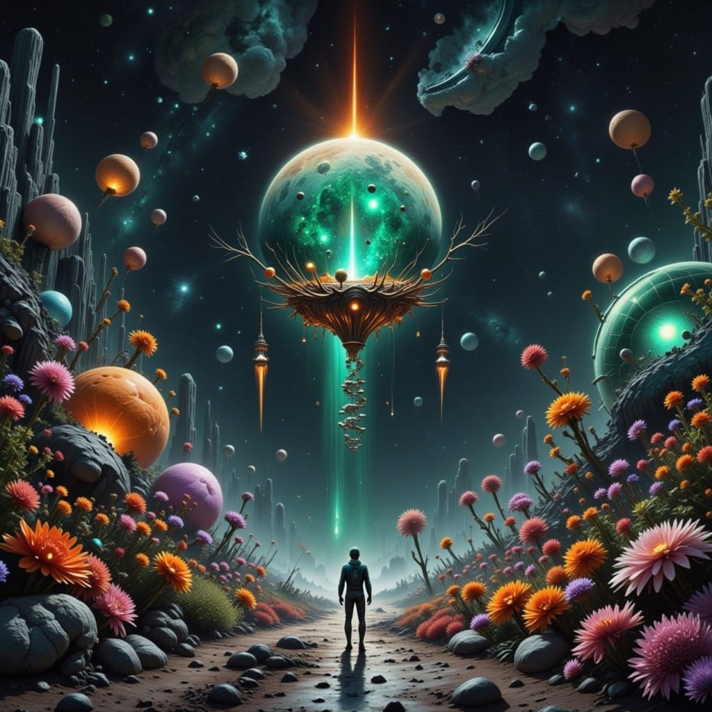 Surreal Sci-Fi Landscape with Levitating Treasure