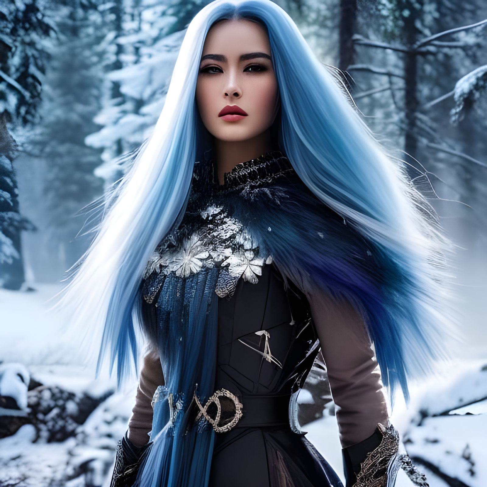 Blue-Haired Warrior Queen in Winter Landscape