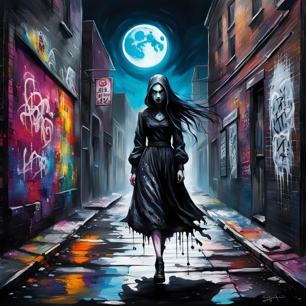 Gothic Woman in Moonlight Alley: Graffiti Street Art