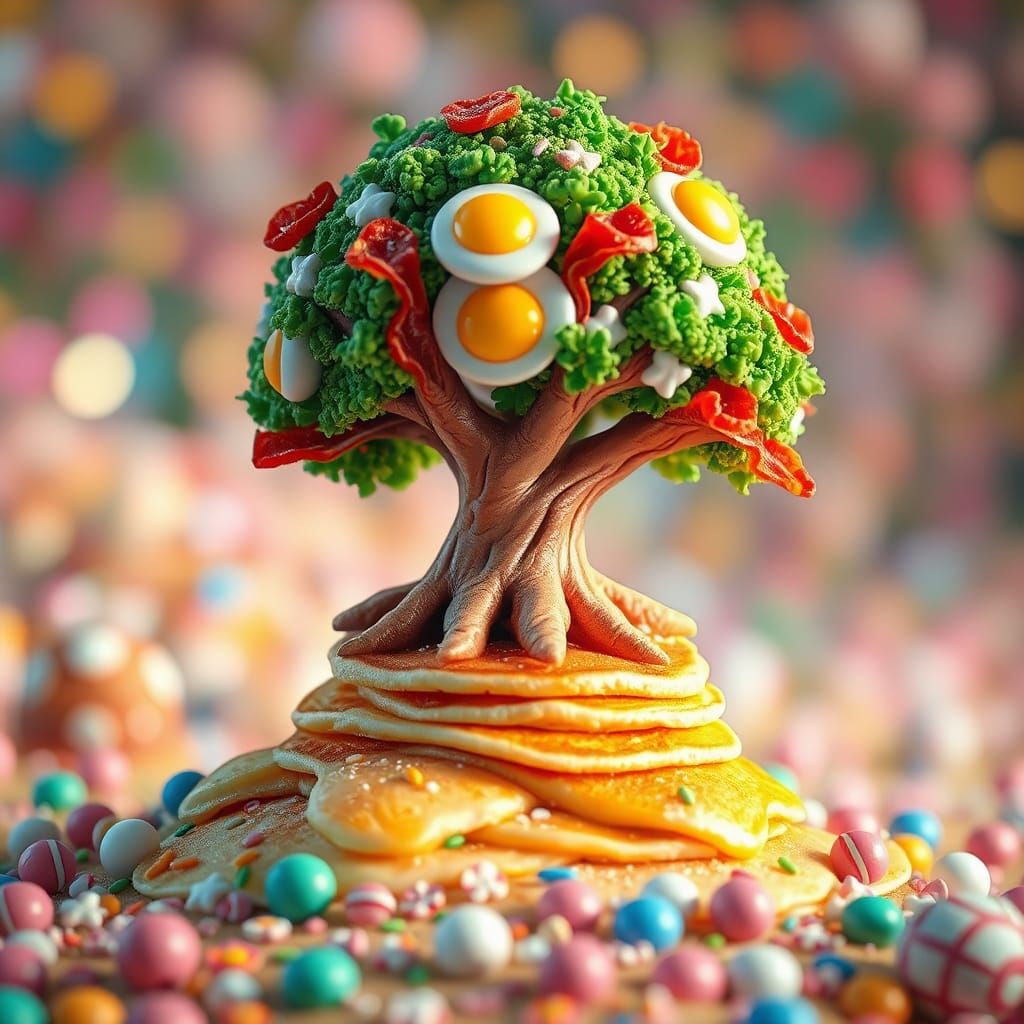 Whimsical Bacon Tree in Candyland, a CGI Cartoon