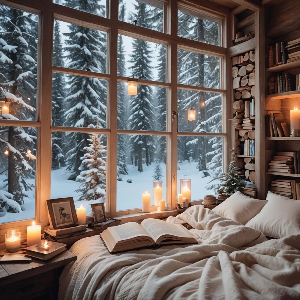 Cozy Winter Cabin Bedroom with Snowy Lake View