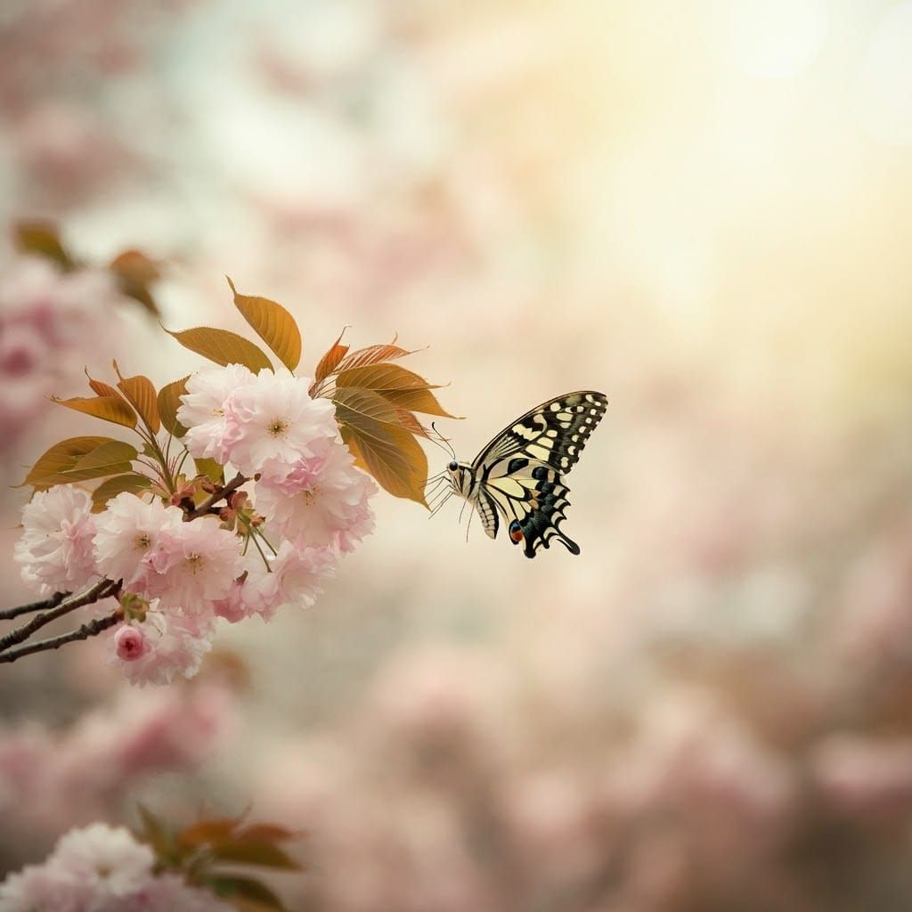 Butterfly on Cherry Branch in Impressionist Style