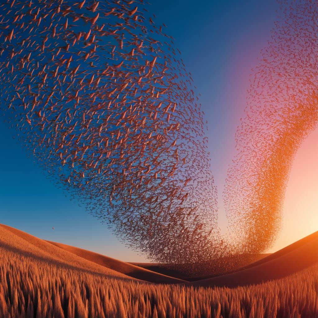 Iridescent Starling Murmuration Ascends to Blue Sky