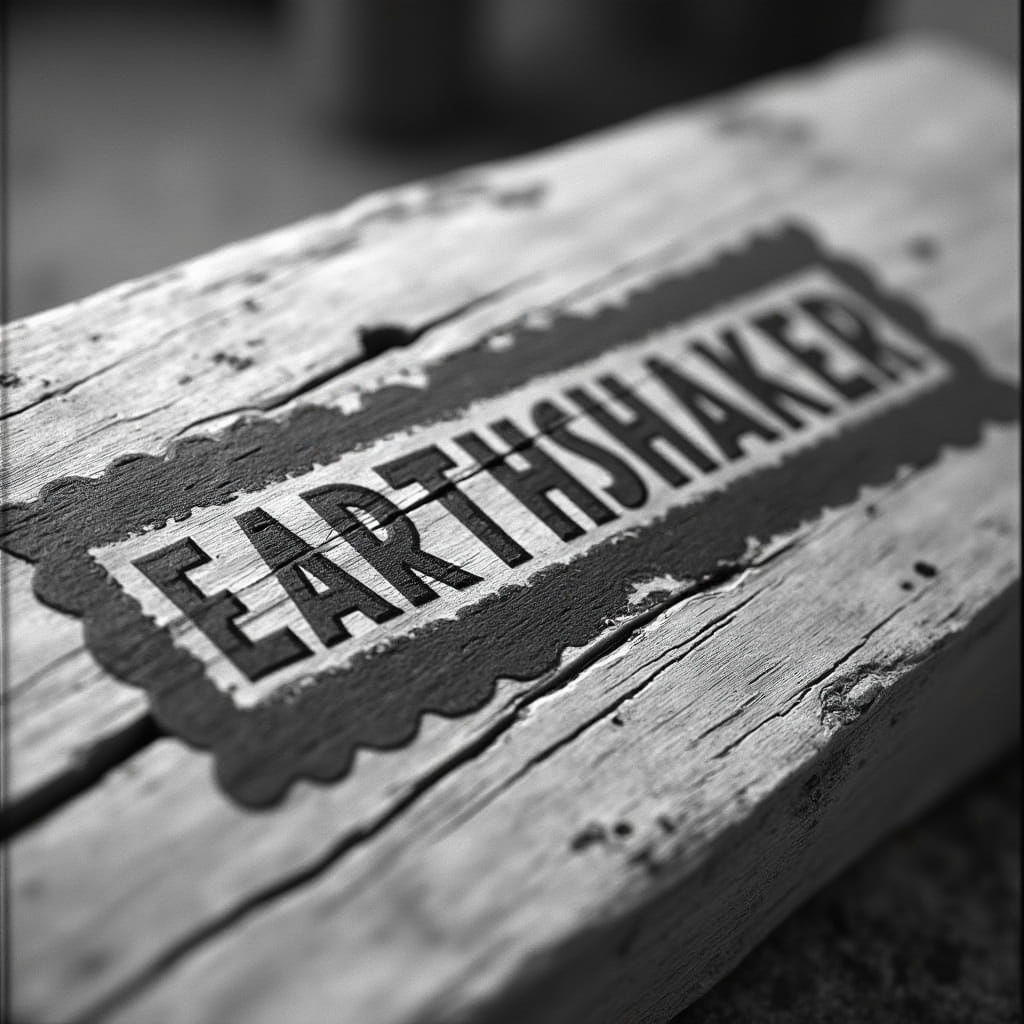 Vintage Black and White Wood Stamp Artwork: EARTHSHAKER