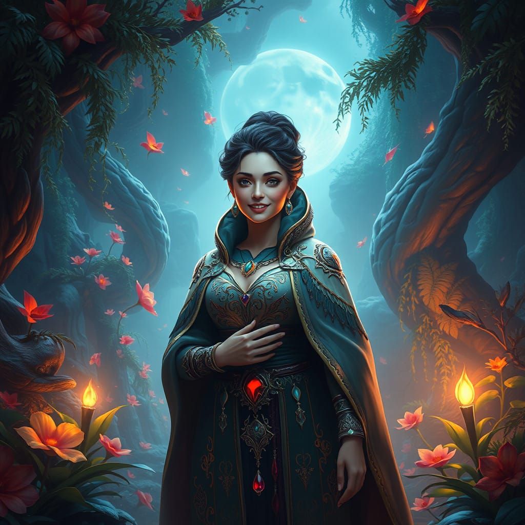 Majestic Fantasy Woman in Vibrant Dreamlike Environment