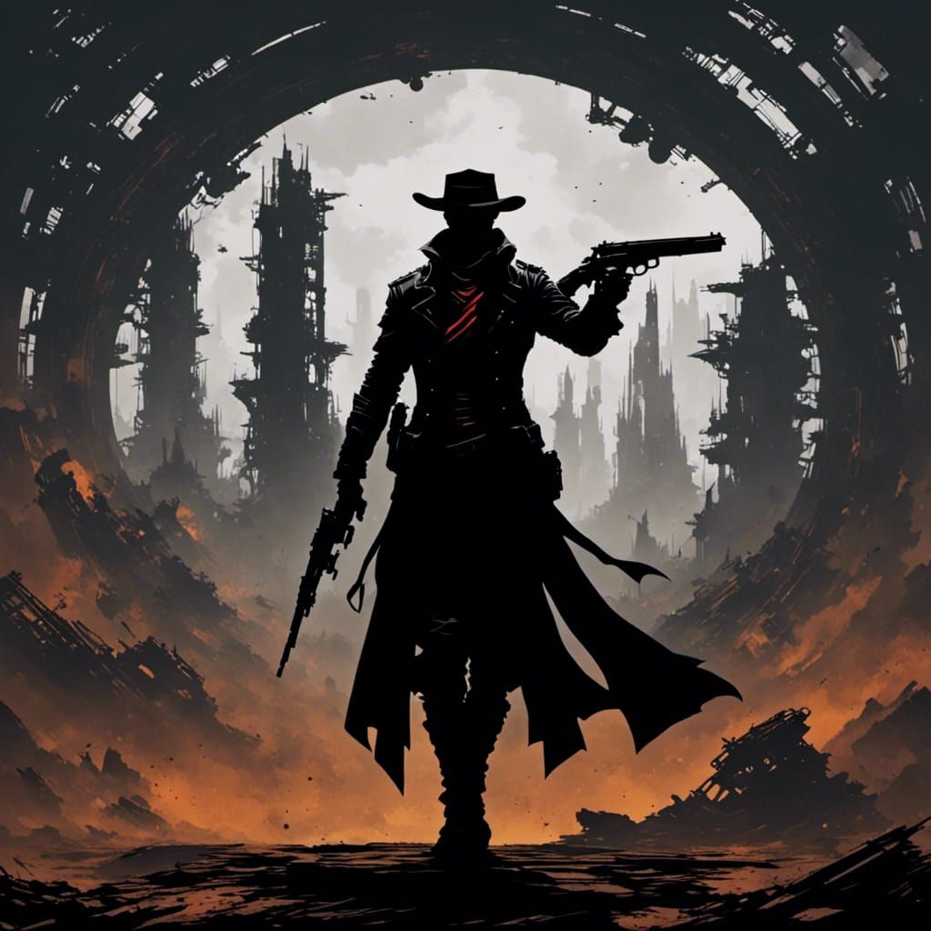 Gunslinger Silhouette in Glitchcore Dieselpunk Comic Style