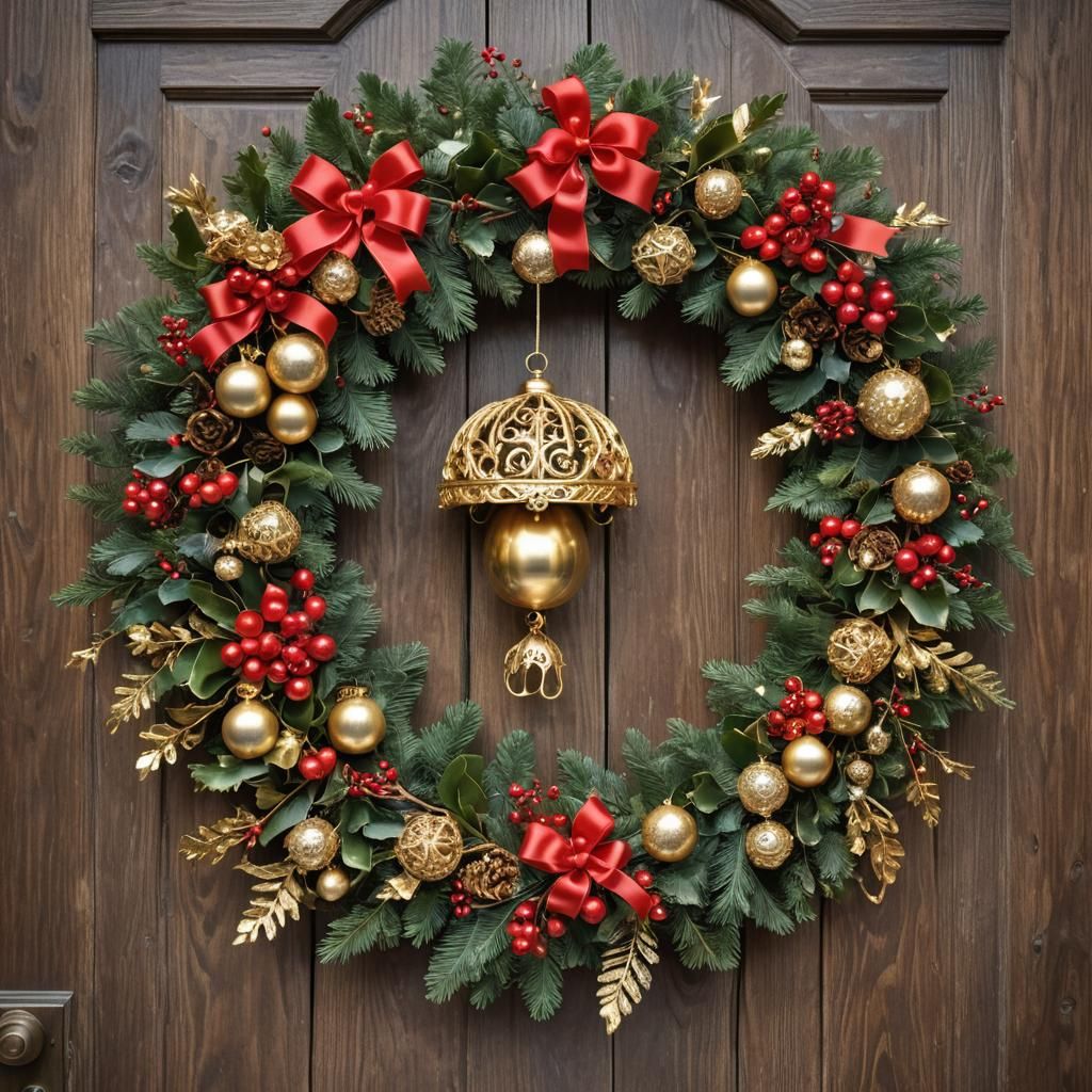 Luxurious Christmas Wreath with Gold Bell: Hyperrealistic Ar...