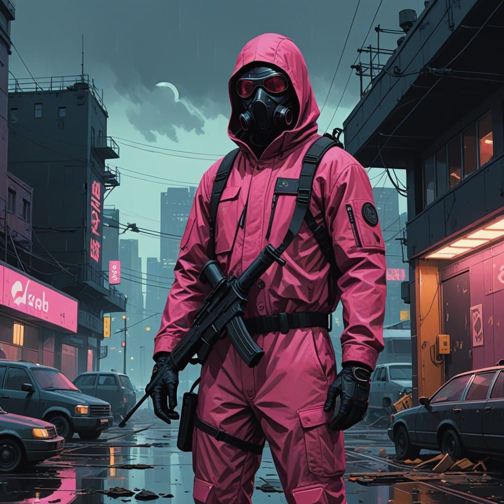 Futuristic Squid Game Guard in Dark Gritty Atmosphere