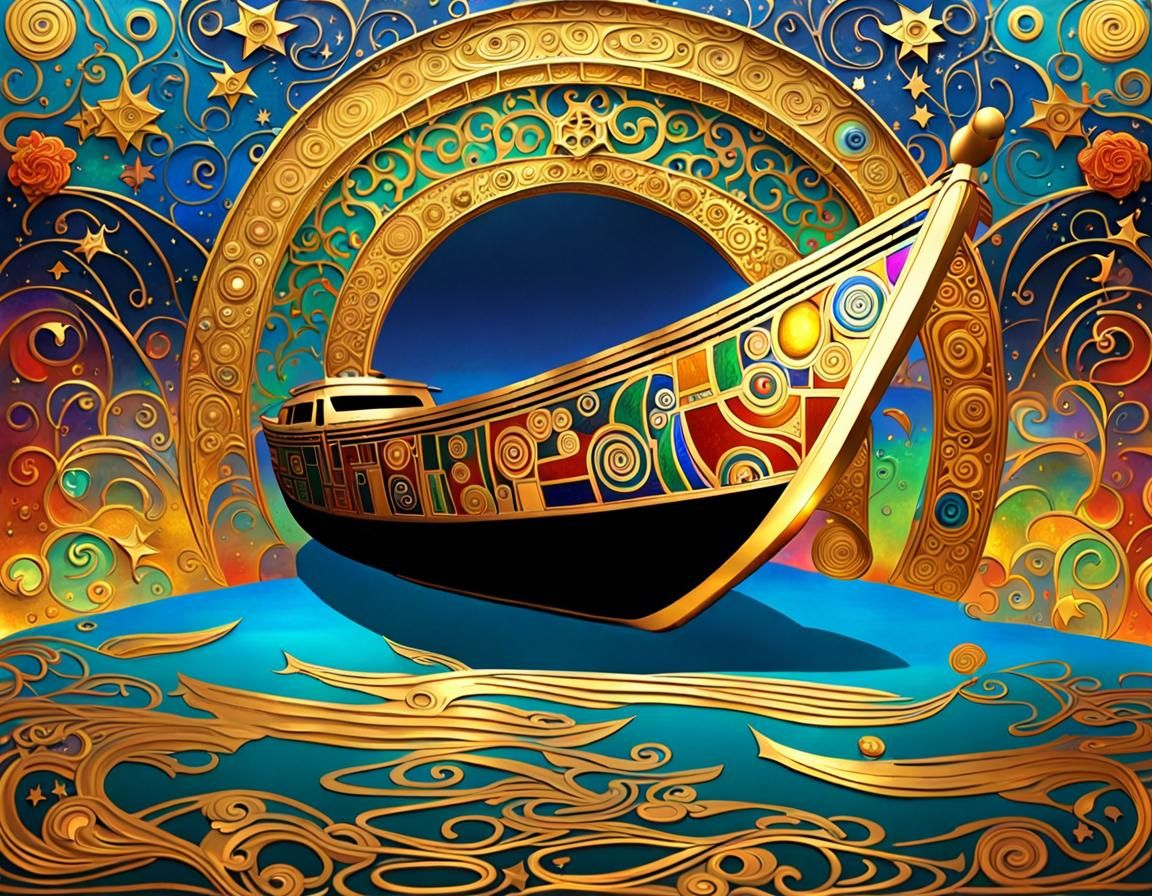 Rainbow Boat in Klimt-Inspired Art Nouveau Style