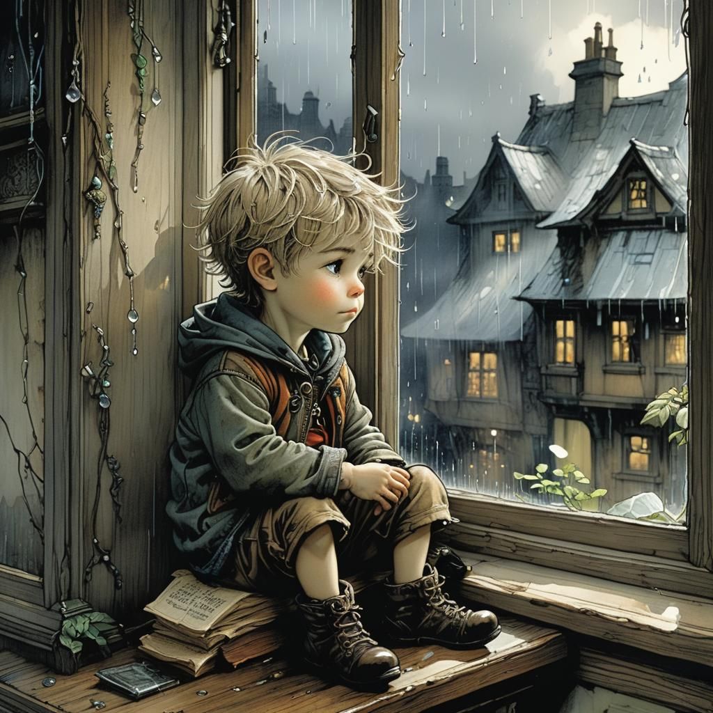 Toddler Watches Rain: Expressive Illustration
