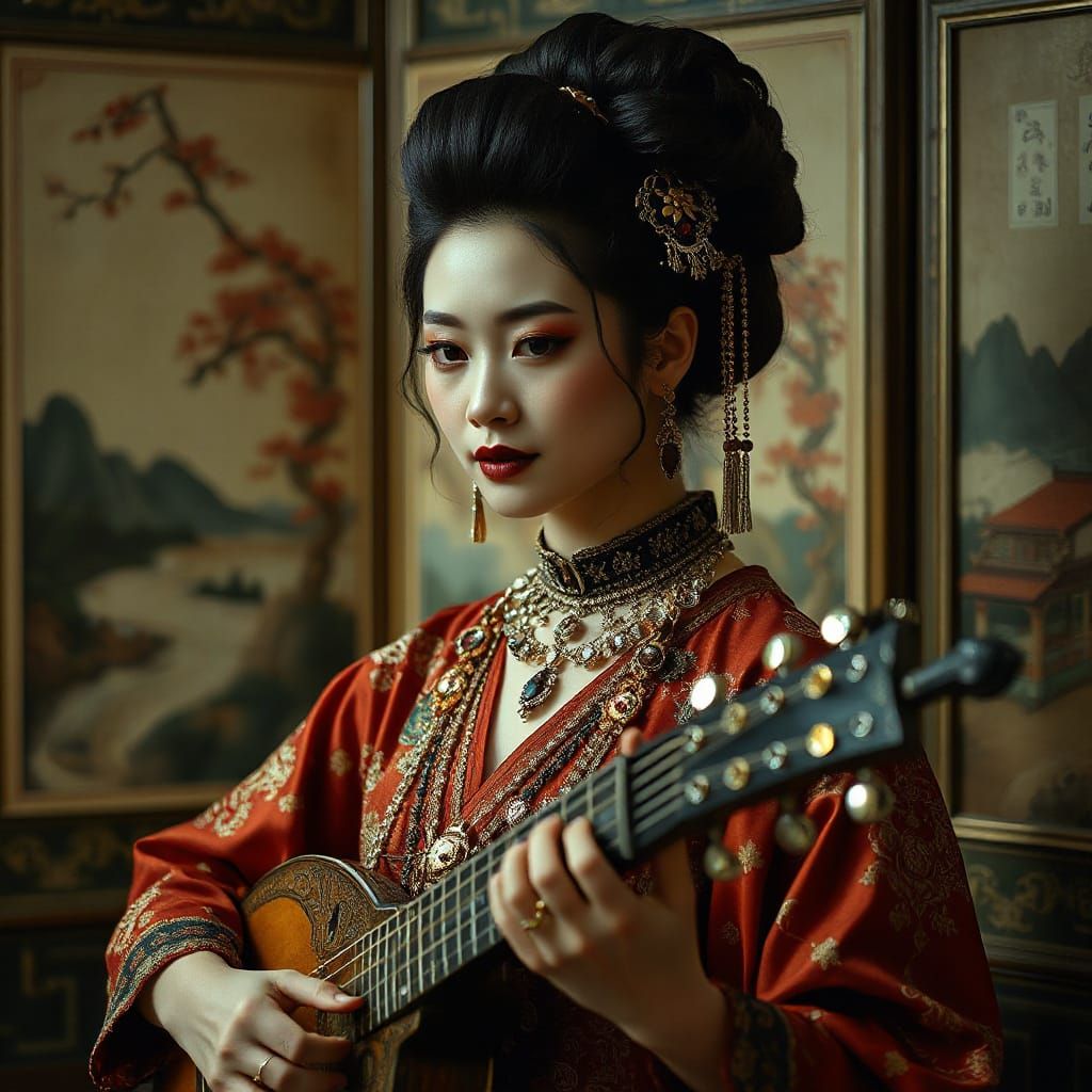 Elegant Asian Woman Plays Zither in Dramatic Lighting
