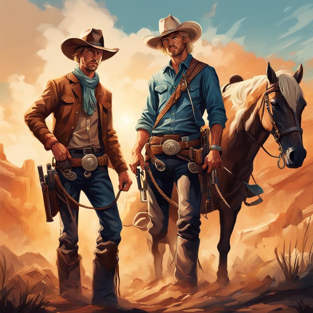 Blonde Cowboy with Revolvers, Hyperrealistic Splash Art